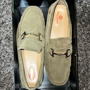 Marc Joseph Olive Suede Loafers with Gold Accent